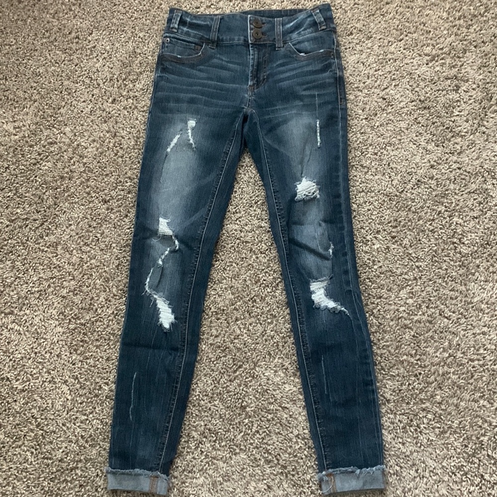 Juniors Rue 21 Distressed:Ripped Midrise Ankle Jeggings